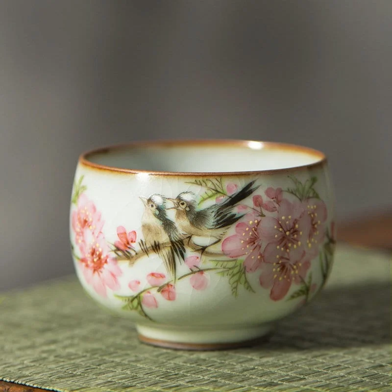 insulated coffee mugs for camping -Gohobi Hand-painted Peach Blossom Bird Tea Cup