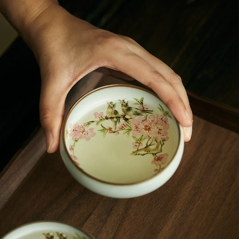 stainless steel tumblers for tea -Gohobi Hand-painted Peach Blossom Bird Pu'er Tea Cup