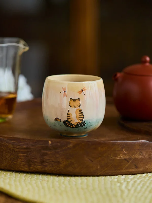 personalized mugs for birthday celebrations -Gohobi Hand-Painted Retro Orange Cat Tea Cup