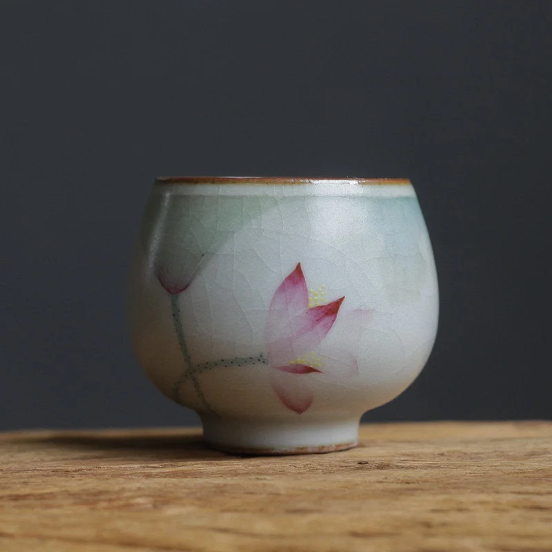 glass coffee tumblers with lid -Gohobi Hand-painted Lotus Tea Cup