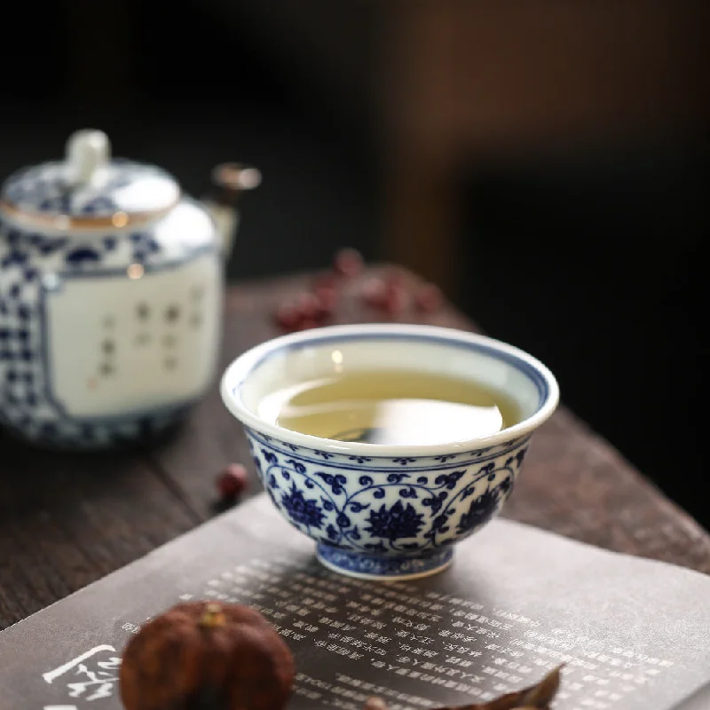 large coffee mugs with funny pictures -Gohobi Hand-painted Wood-fired Blue and White Yongle Hand-pressed Tea Cup