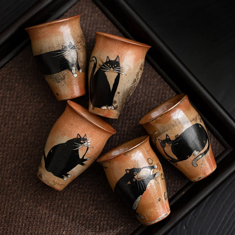 custom engraved tea tumblers -Gohobi Handmade Black Ink Hand-painted Cat Tea Cup 001