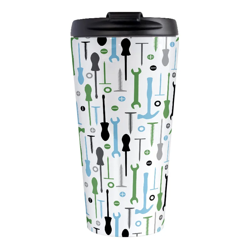 insulated coffee cups for winter -Green Blue Tools Pattern Travel Mug