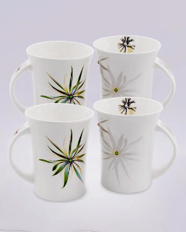 travel mugs with personalized name -Green Leaf Milk Bone China Coffee Mugs | 250 ml | Set of 4