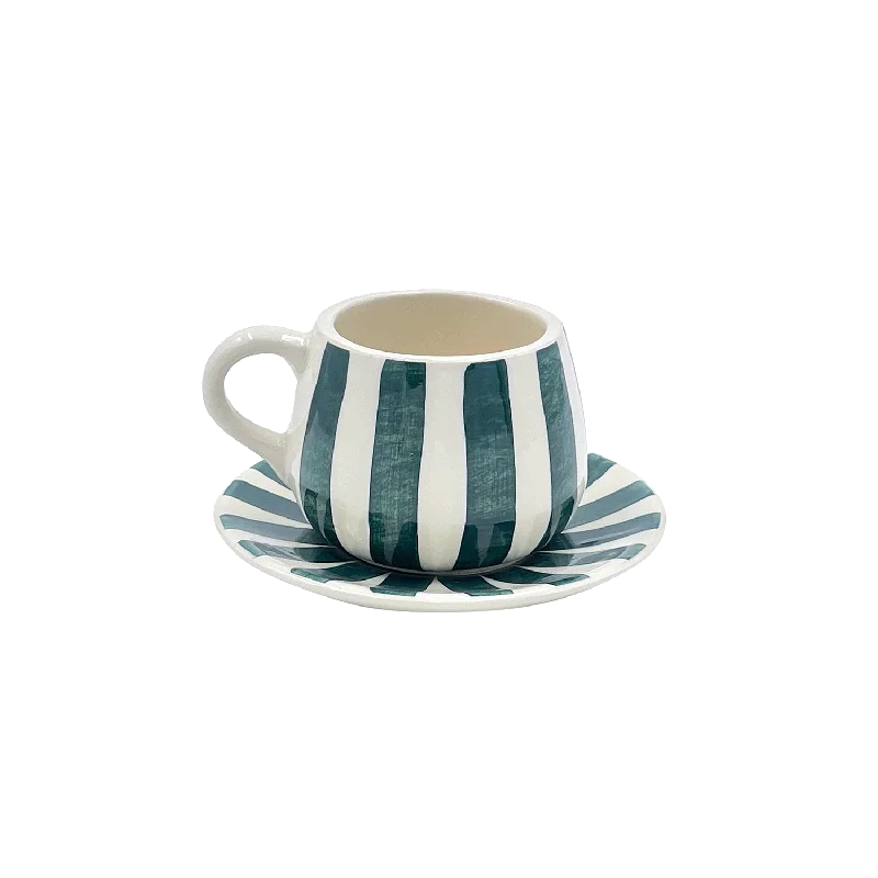 ceramic mugs with cute sayings -Green Stripes Coffee Cup & Saucer