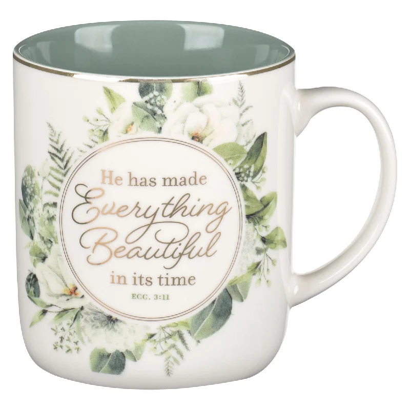 best custom coffee cups with photos -He Has Made Everything Beautiful in It's Time Floral Ceramic Mug with Green Interior