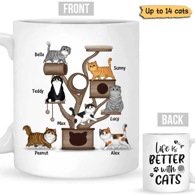 custom coffee mugs with your photo -Life Is Better With Cats Fluffy Cat Tower Personalized Mug