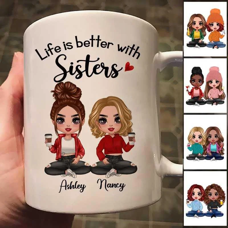 cute coffee cups for kids -Life Is Better With Doll Besties Sisters Siblings Sitting Personalized Mug