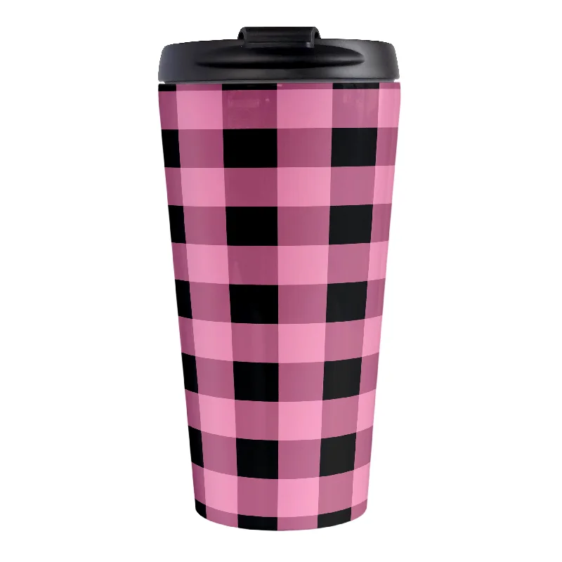 unique custom mugs for work -Light Pink and Black Buffalo Plaid Travel Mug