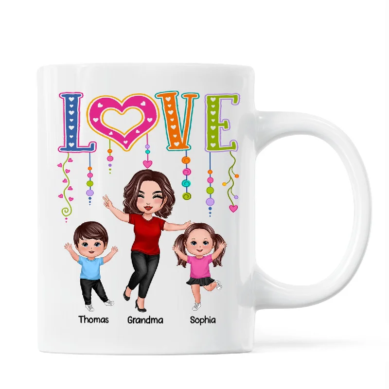 insulated coffee cups for office -LOVE Happy Doll Grandma Mom With Kids Personalized Mug