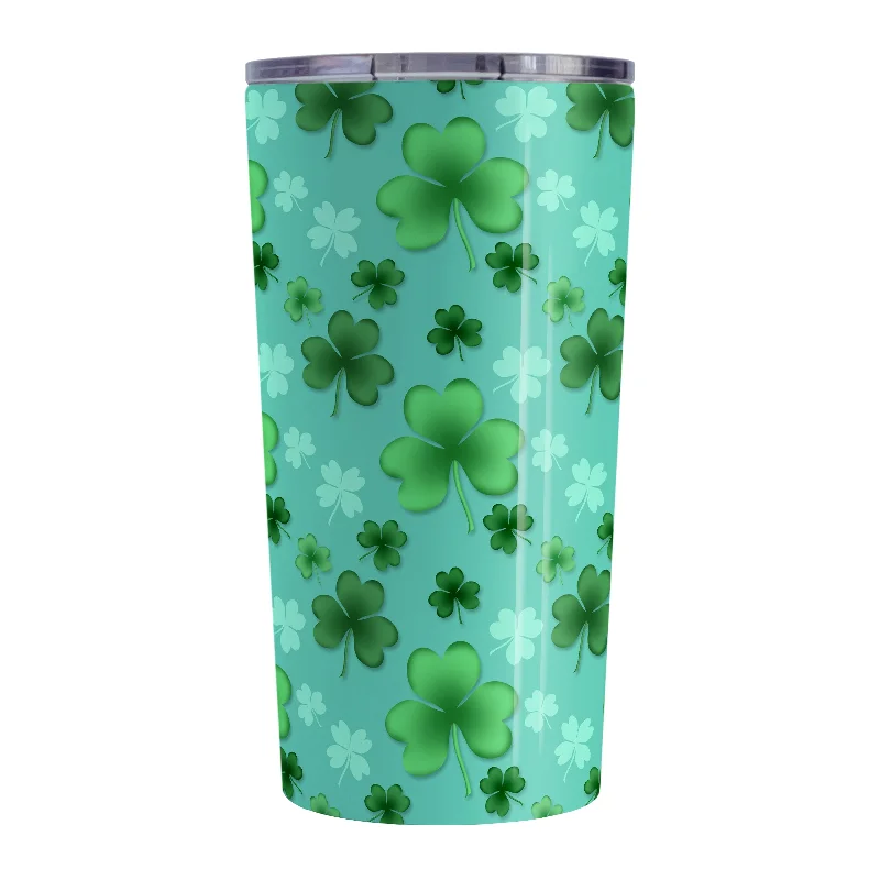 custom coffee cups for promotional use -Lucky Clover Pattern Teal and Green Tumbler Cup