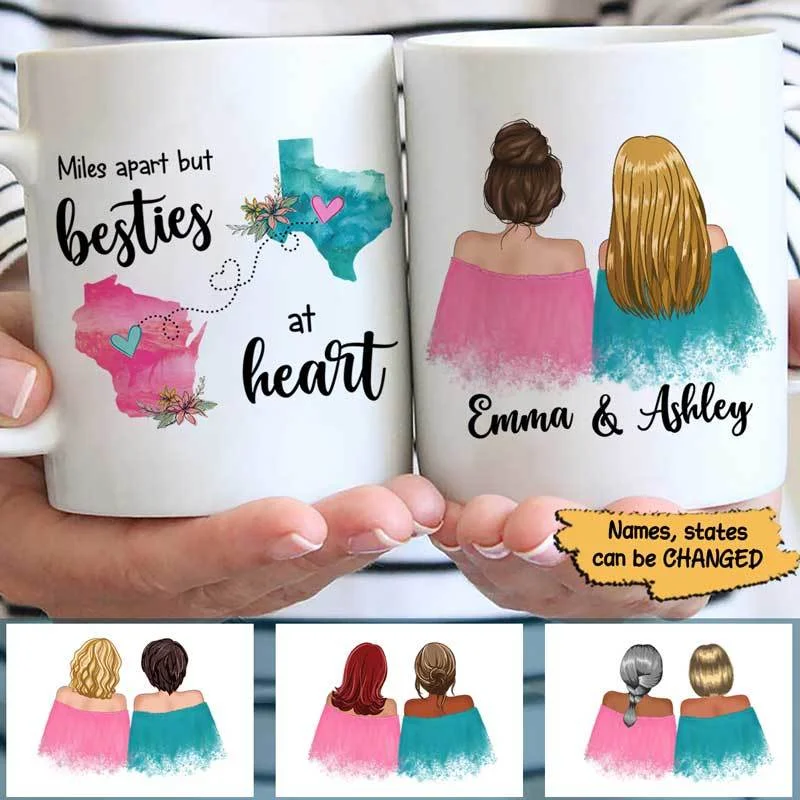 clear mugs with personalized design -Miles Apart Besties At Heart Long Distance Relationship Gift Watercolor Flower States Personalized Coffee Mug