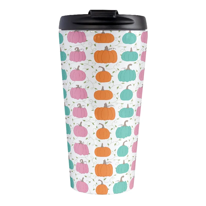 personalized coffee tumblers for family members -Orange Teal Pink Pumpkin Pattern Travel Mug