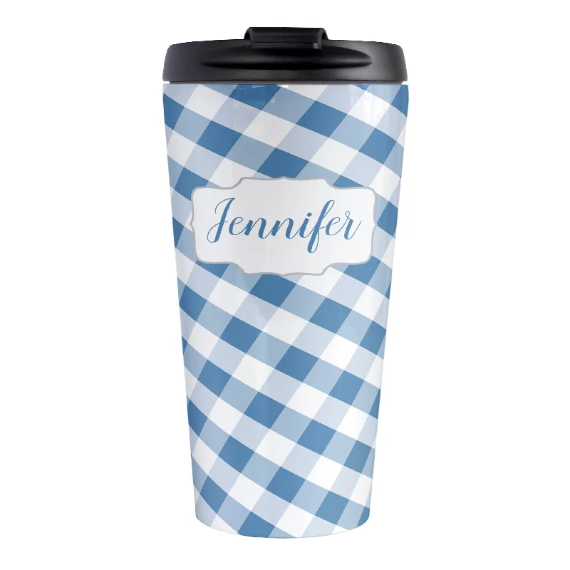 personalized stainless steel coffee cups -Personalized Blue Gingham Travel Mug