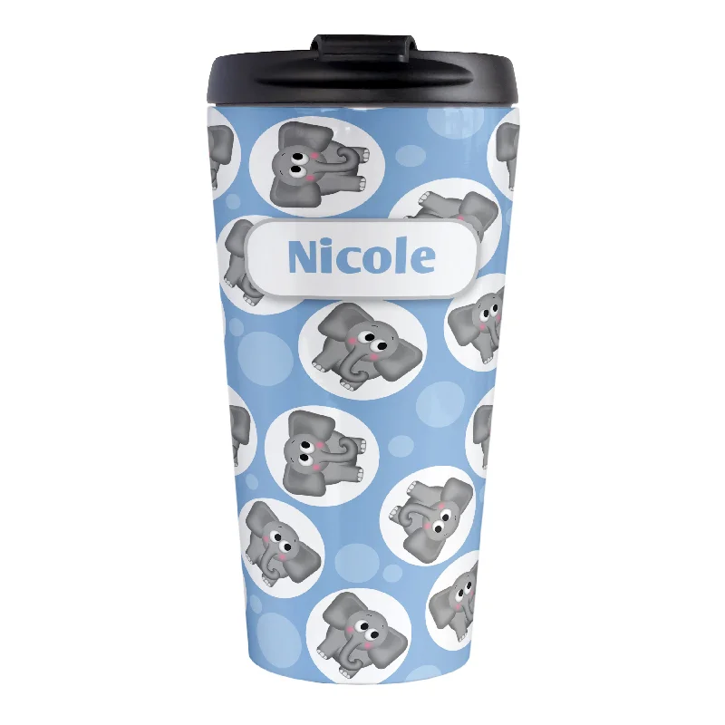 clear travel mugs for work -Personalized Cute Blue Elephant Pattern Travel Mug