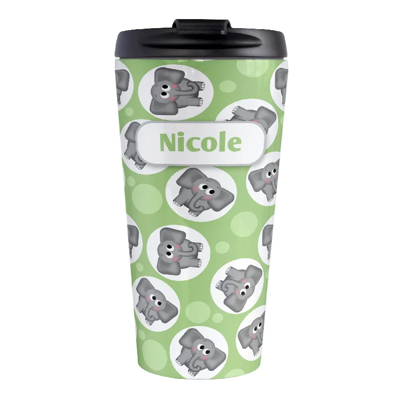 cute travel mugs for women -Personalized Cute Green Elephant Pattern Travel Mug