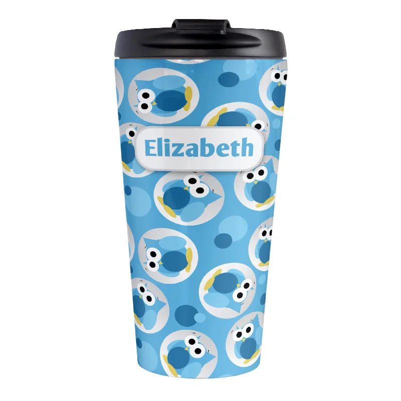 unique custom travel mugs -Personalized Funny Cute Blue Owl Pattern Travel Mug