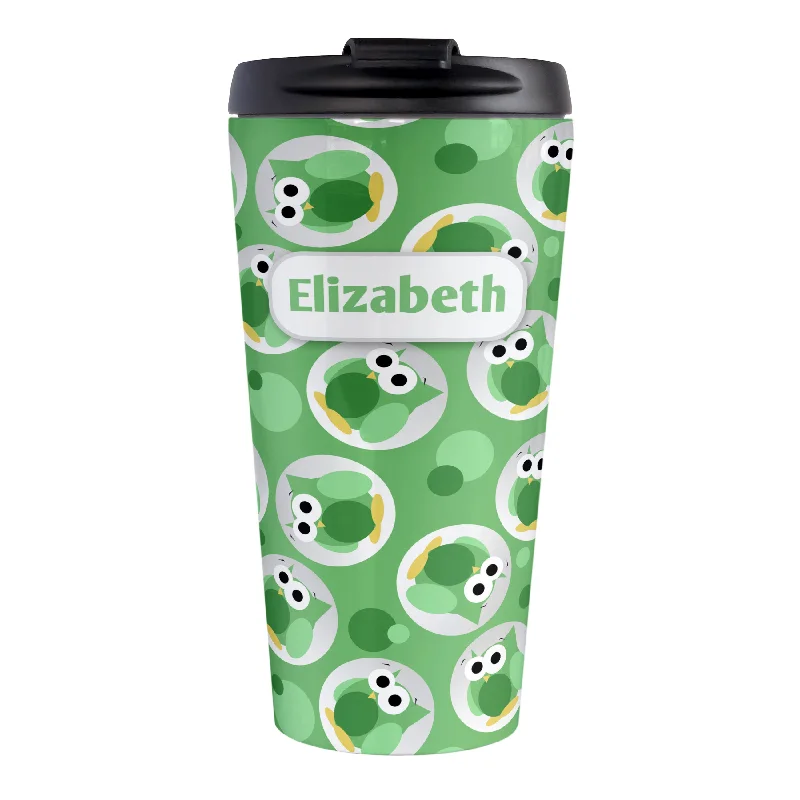 cute travel mugs for tea -Personalized Funny Cute Green Owl Pattern Travel Mug