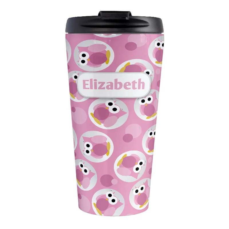 insulated mugs with custom logo -Personalized Funny Cute Pink Owl Pattern Travel Mug