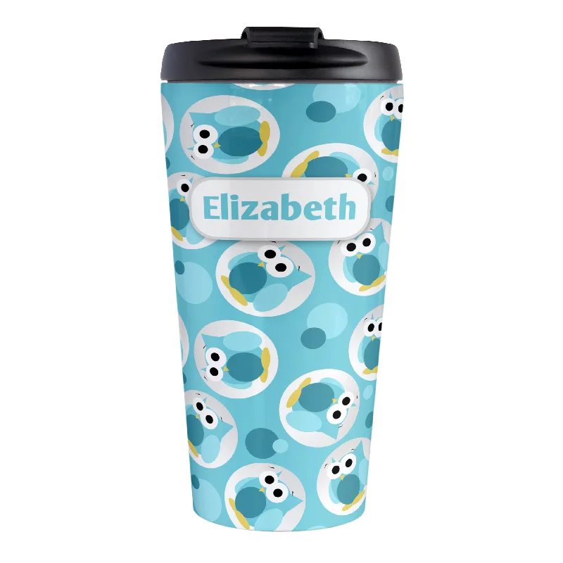 custom coffee cups with names and pictures -Personalized Funny Cute Turquoise Owl Pattern Travel Mug