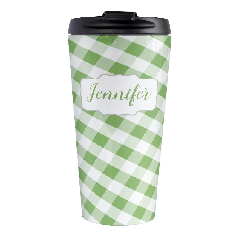 best mugs for hot beverages -Personalized Green Gingham Travel Mug