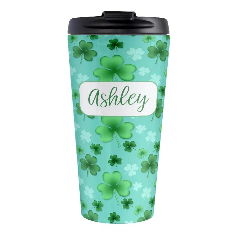 personalized insulated coffee mugs for outdoor use -Personalized Lucky Clover Pattern Teal and Green Travel Mug