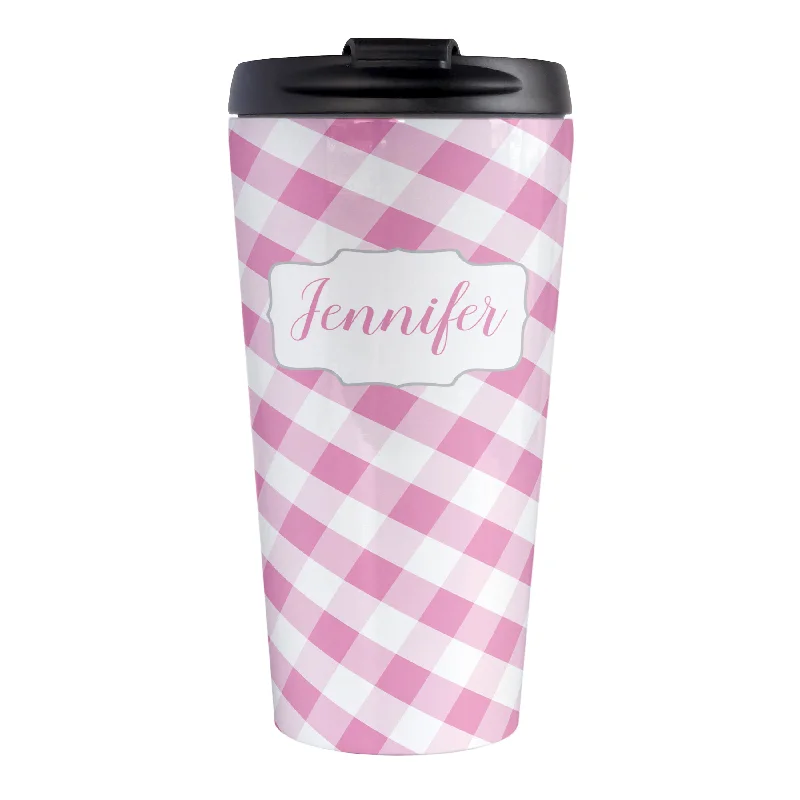 custom ceramic mugs for wedding -Personalized Pink Gingham Travel Mug