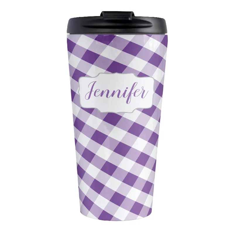 custom printed travel coffee mugs -Personalized Purple Gingham Travel Mug