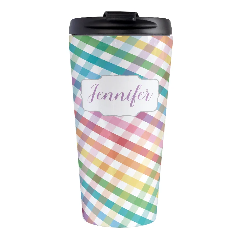 colorful custom coffee mugs -Personalized Rainbow Gingham Travel Mug