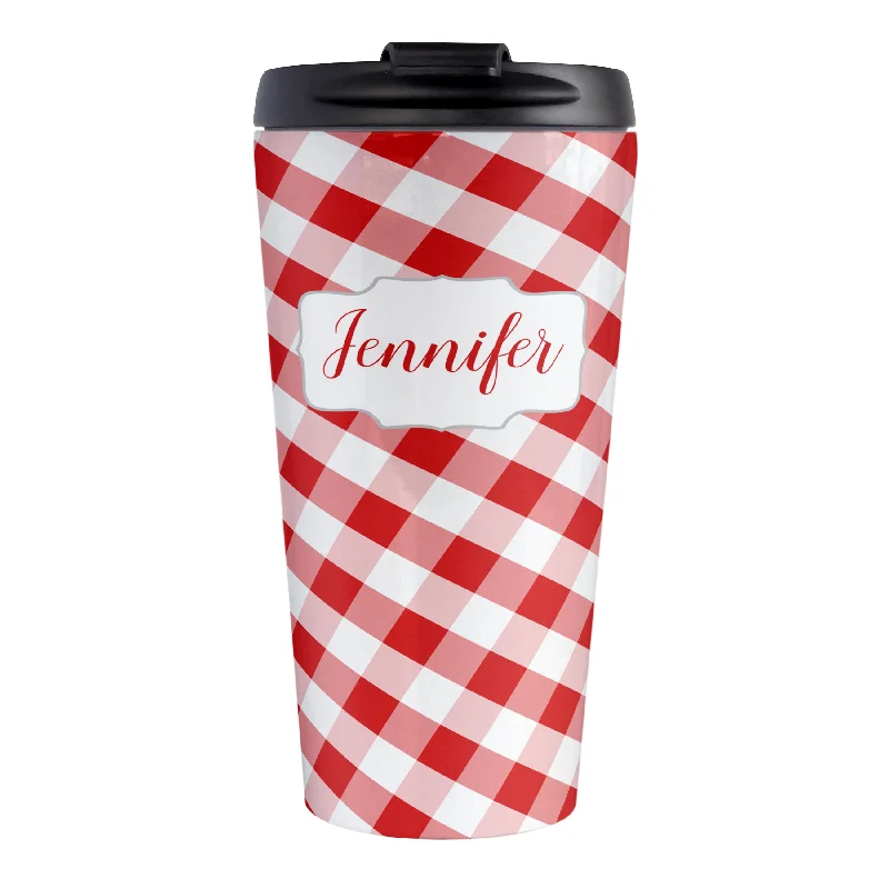 novelty coffee mugs for kitchen -Personalized Red Gingham Travel Mug