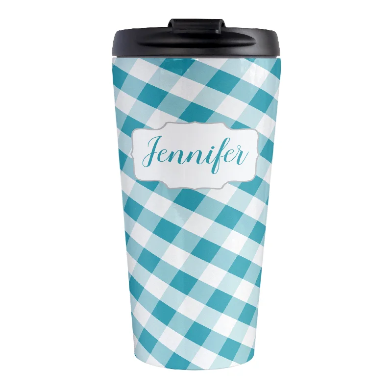 personalized ceramic coffee cups for gifts -Personalized Turquoise Gingham Travel Mug