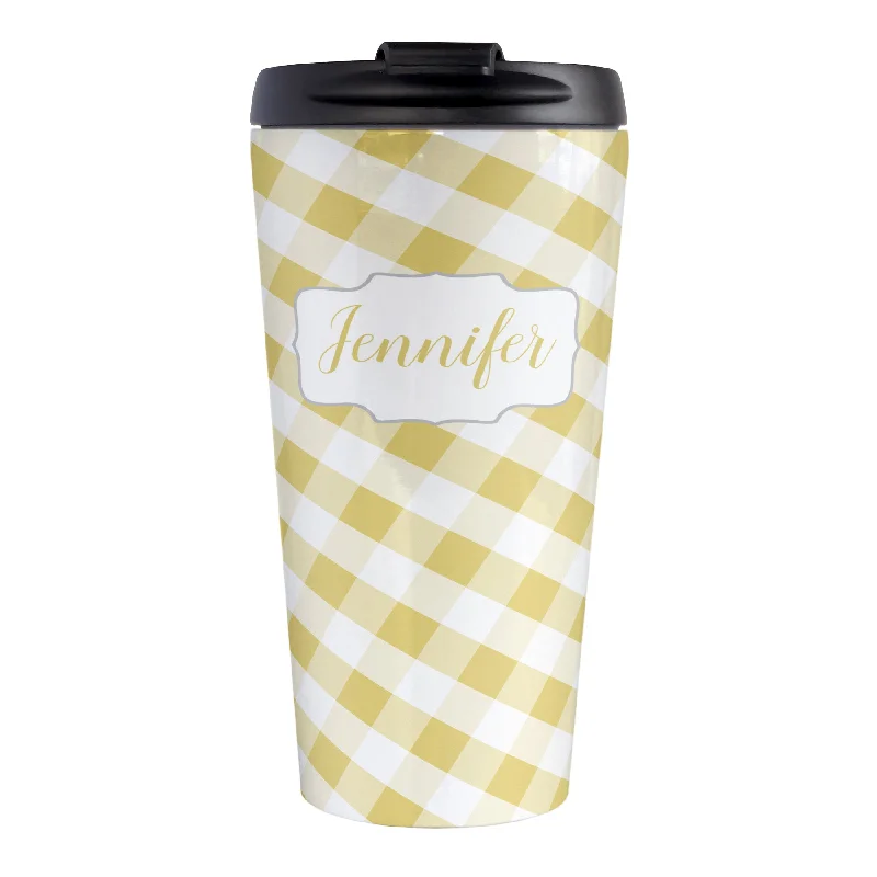 large ceramic mugs for gifts -Personalized Yellow Gingham Travel Mug