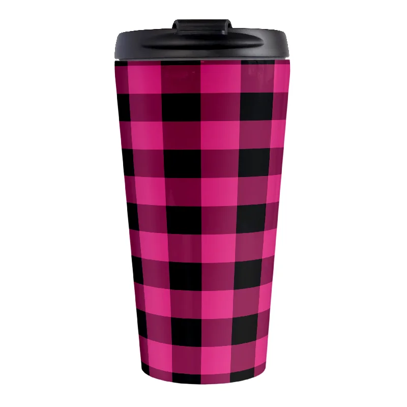 cute travel mugs for hot drinks -Pink and Black Buffalo Plaid Travel Mug