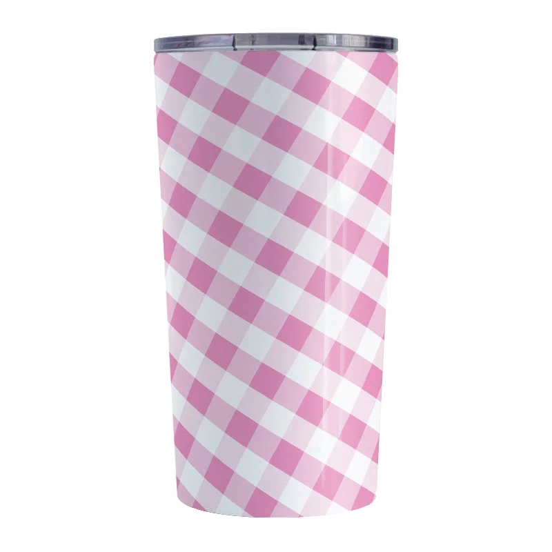 personalized ceramic mugs for office -Pink Gingham Tumbler Cup