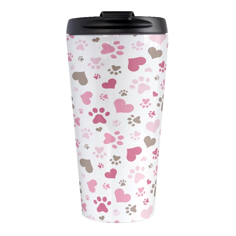 funny custom coffee mugs for work -Pink Hearts and Paw Prints Travel Mug