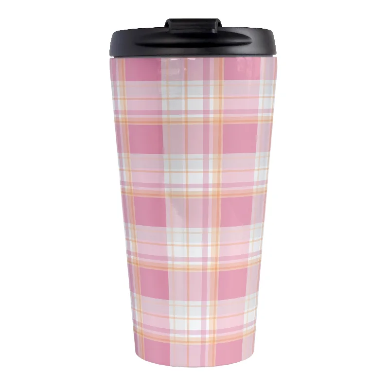 custom printed coffee mugs for office parties -Pink Orange Plaid Travel Mug