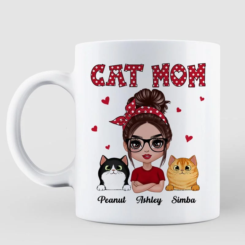 large travel mugs with photo -Polka Dot Pattern Doll Cat Mom Personalized Mug