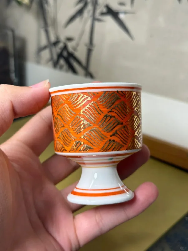 ceramic coffee mugs with fun designs -[清和堂 x Gohobi Gallery] Hand-painted Golden Waves Tea Cup with Stem