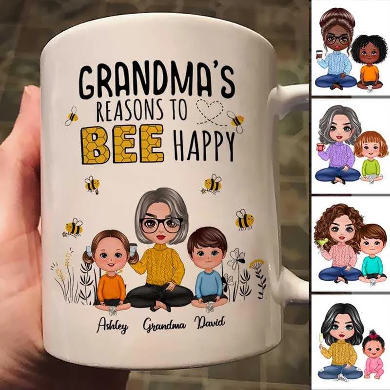 custom printed ceramic tea mugs -Reason To Bee Happy Doll Grandma And Grandkids Sitting Personalized Mug