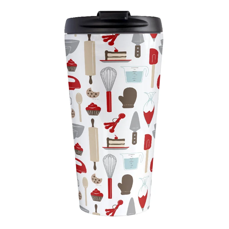 funny mugs for family events -Red Baking Pattern Travel Mug