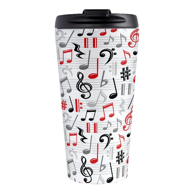 funny coffee cups for family -Red Music Notes Pattern Travel Mug