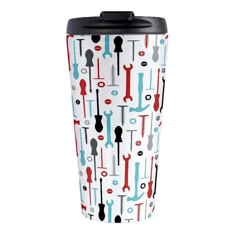 unique personalized coffee cups for gifts -Red Turquoise Tools Pattern Travel Mug