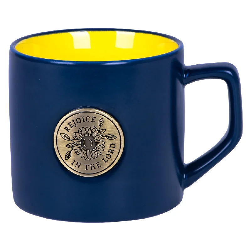 best coffee mugs for office use -Rejoice In The Lord Ceramic Mug With Metal Badge - Philippians 4:4