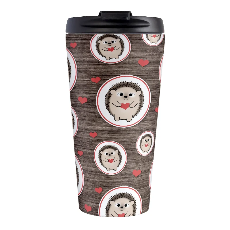 custom personalized coffee cups for holiday gifts -Rustic Wood Red Heart Hedgehog Travel Mug