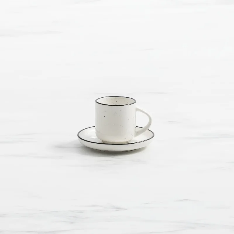 eco friendly personalized mugs for work -Salisbury & Co Mona Espresso Cup and Saucer 80ml in White with in Black Speckle