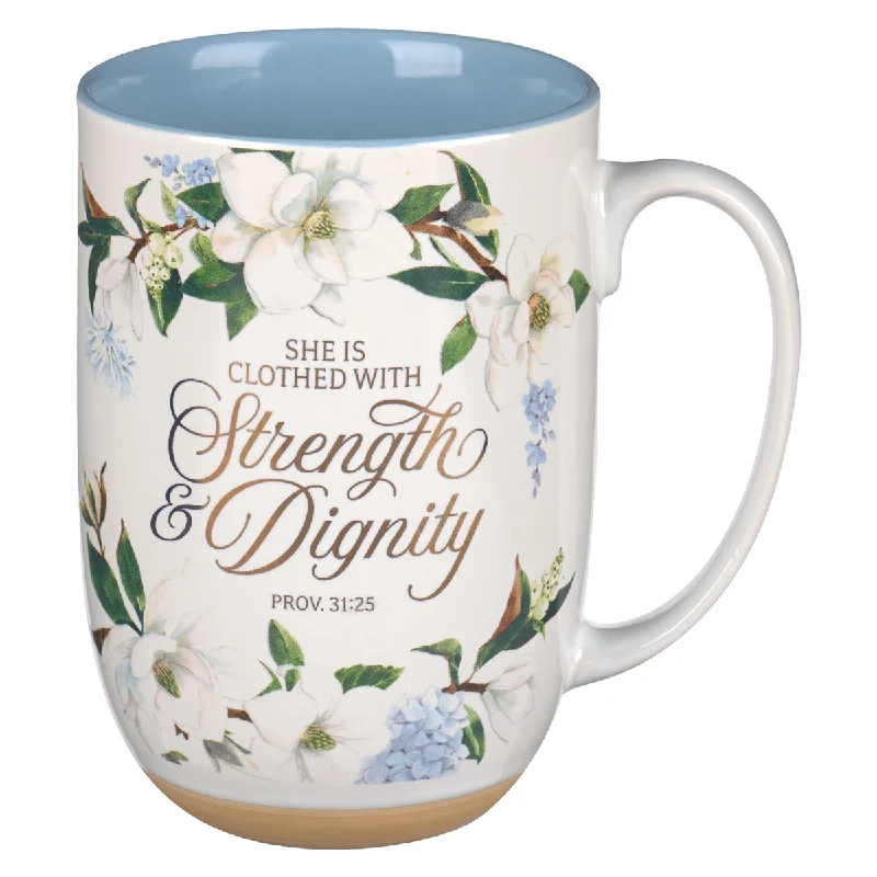 personalized coffee mugs with photos -She Is Clothed with Strength and Dignity Floral Ceramic Mug with Blue Interior