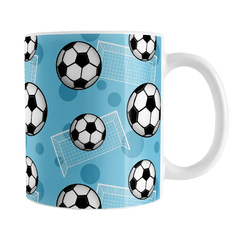 custom mugs with funny images -Soccer Ball and Goal Pattern Blue Mug