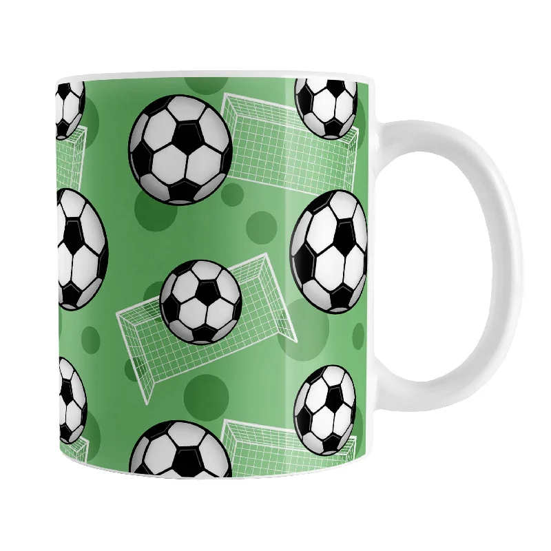 travel coffee cups for tea -Soccer Ball and Goal Pattern Green Mug