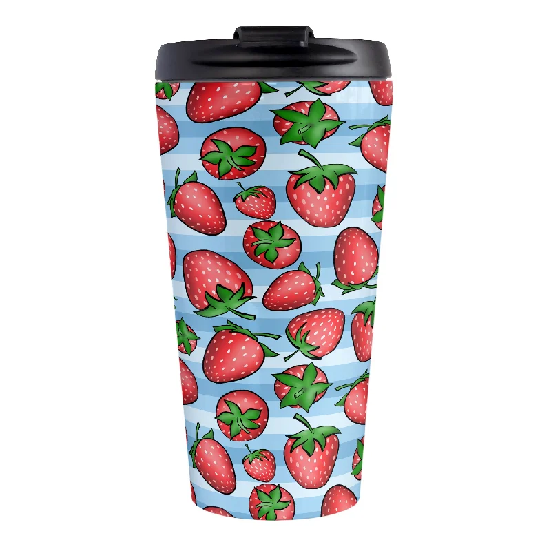 custom coffee cups for wedding -Strawberries on Blue Stripes Travel Mug