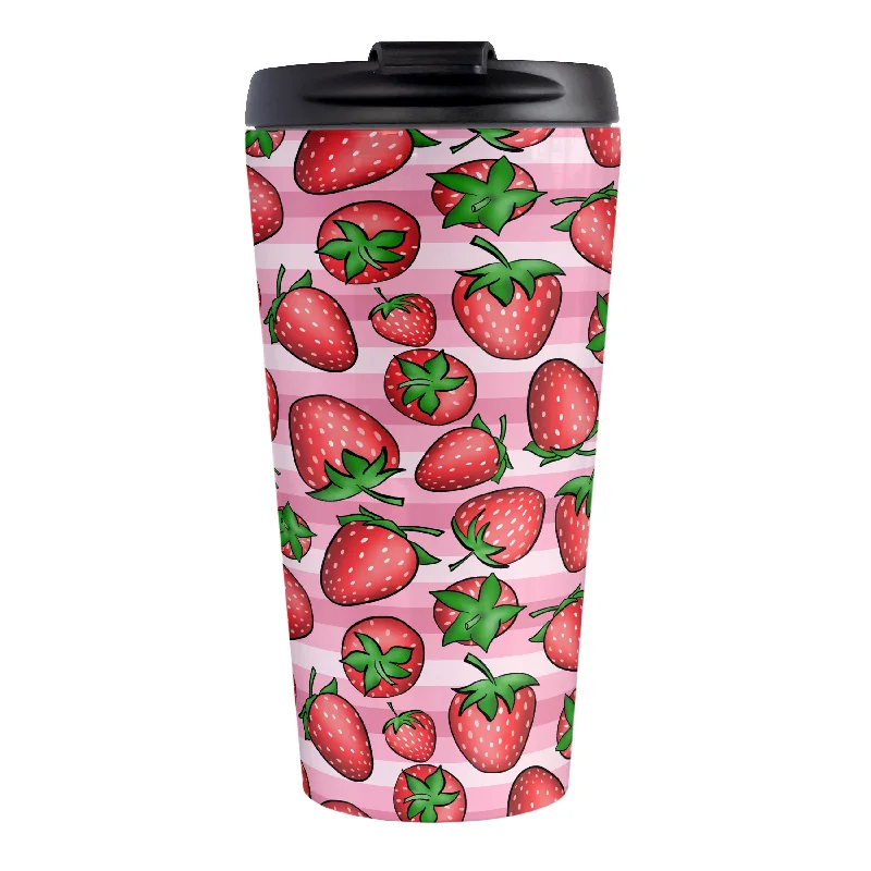 funny coffee cups with personal messages -Strawberries on Pink Stripes Travel Mug